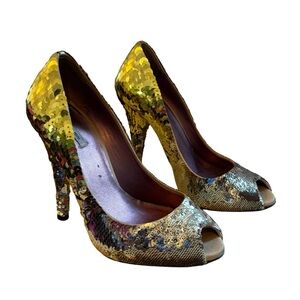 Miu Miu Gold Sequin Peep-Toe Heels